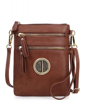 Women's Rich Faux Leather Organizer Multi Zipper Pockets Crossbody Bag WU002L COFFEE
